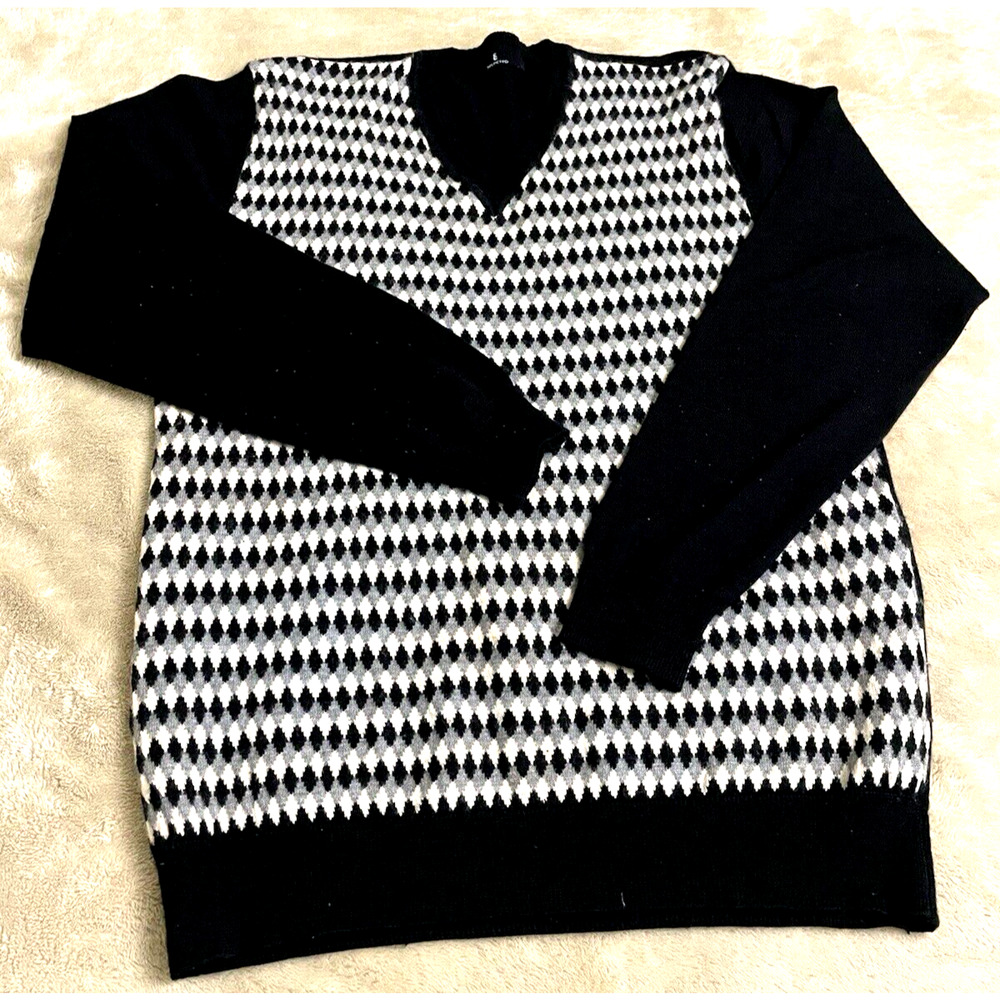 Selected Women’s Houndstooth V-Neck Black & Tan 50 % Wool Sweater Size XX L